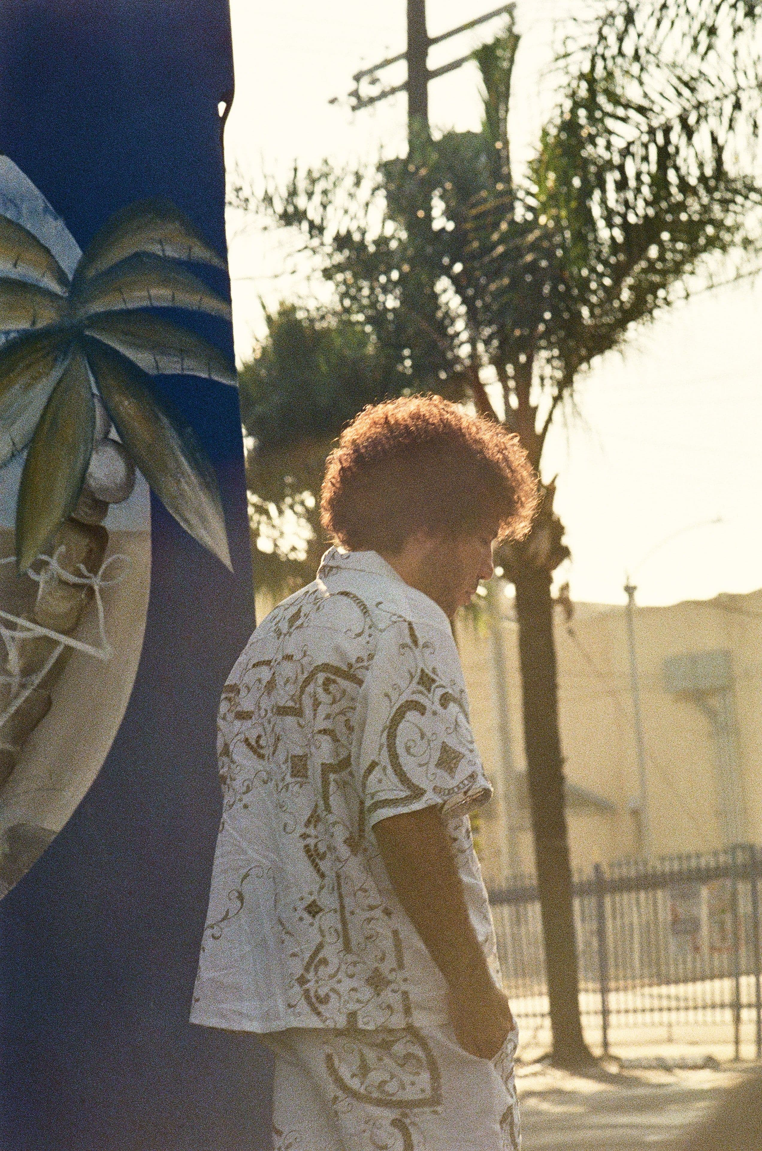 Man with curly hair in patterned white outfit stands near a blue wall with palm tree mural. Sunlit street and palm trees in background.
