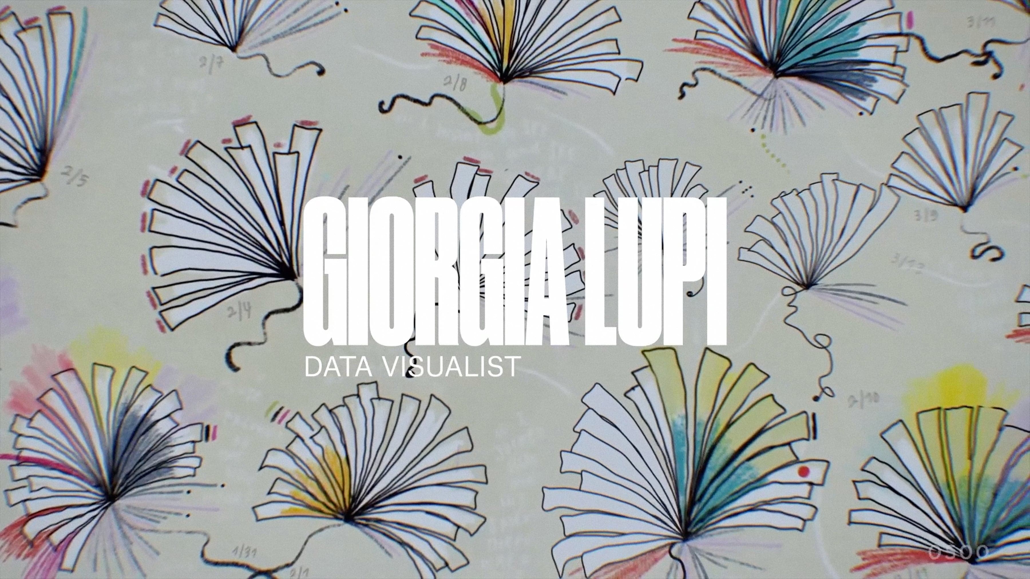 Abstract fan-like designs in various colors on a light background with "Giorgia Lupi Data Visualist" text in bold white.