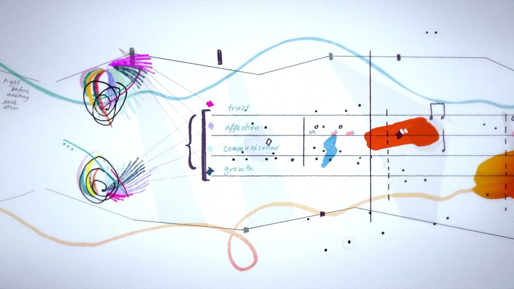 Abstract diagram with colorful lines, shapes, and text on a white background. Includes blue, orange, pink, and black elements.