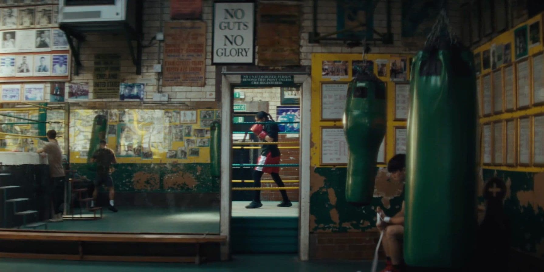 Boxing gym with green punching bags, a person training in the ring, and walls covered in photos and motivational signs.