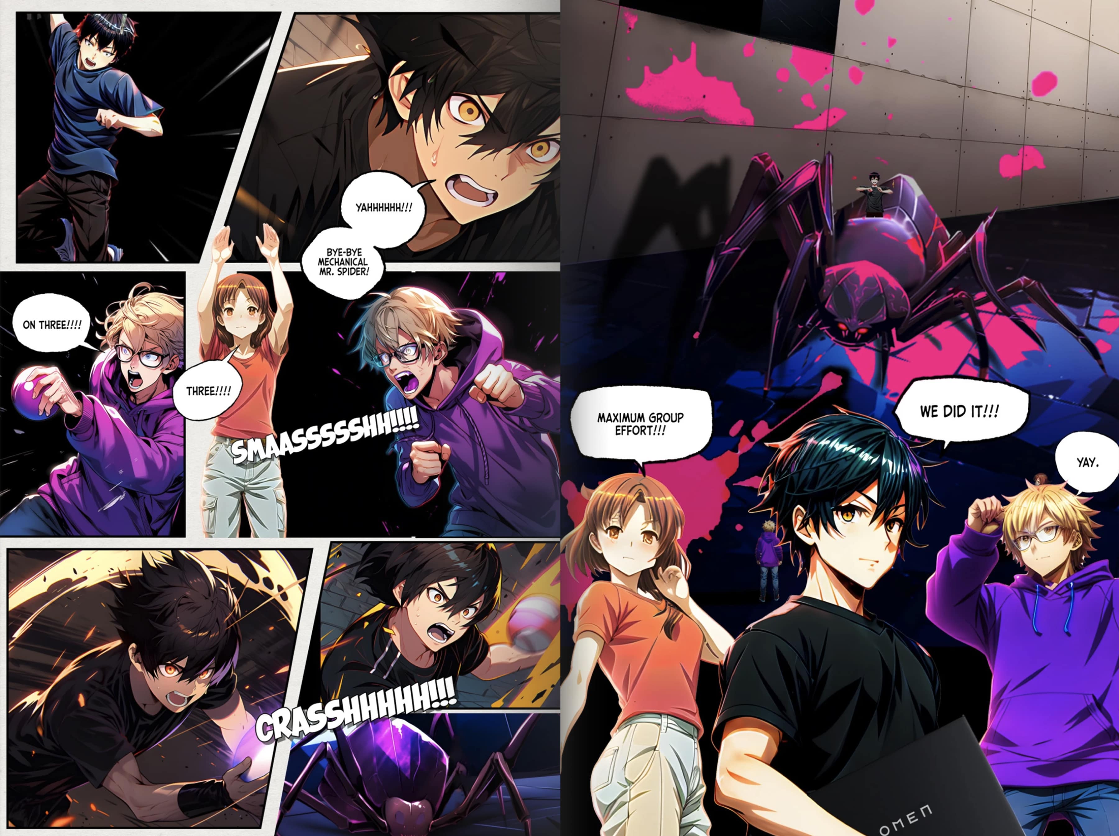 Comic book style image with three animated characters battling a giant purple spider in a dark room. They celebrate victory, showing determination and teamwork.