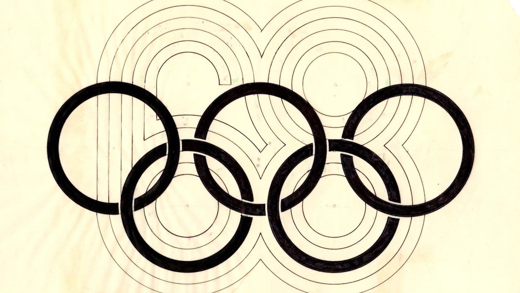 Black Olympic rings overlaid on a white background with concentric circle patterns, creating a layered visual effect.