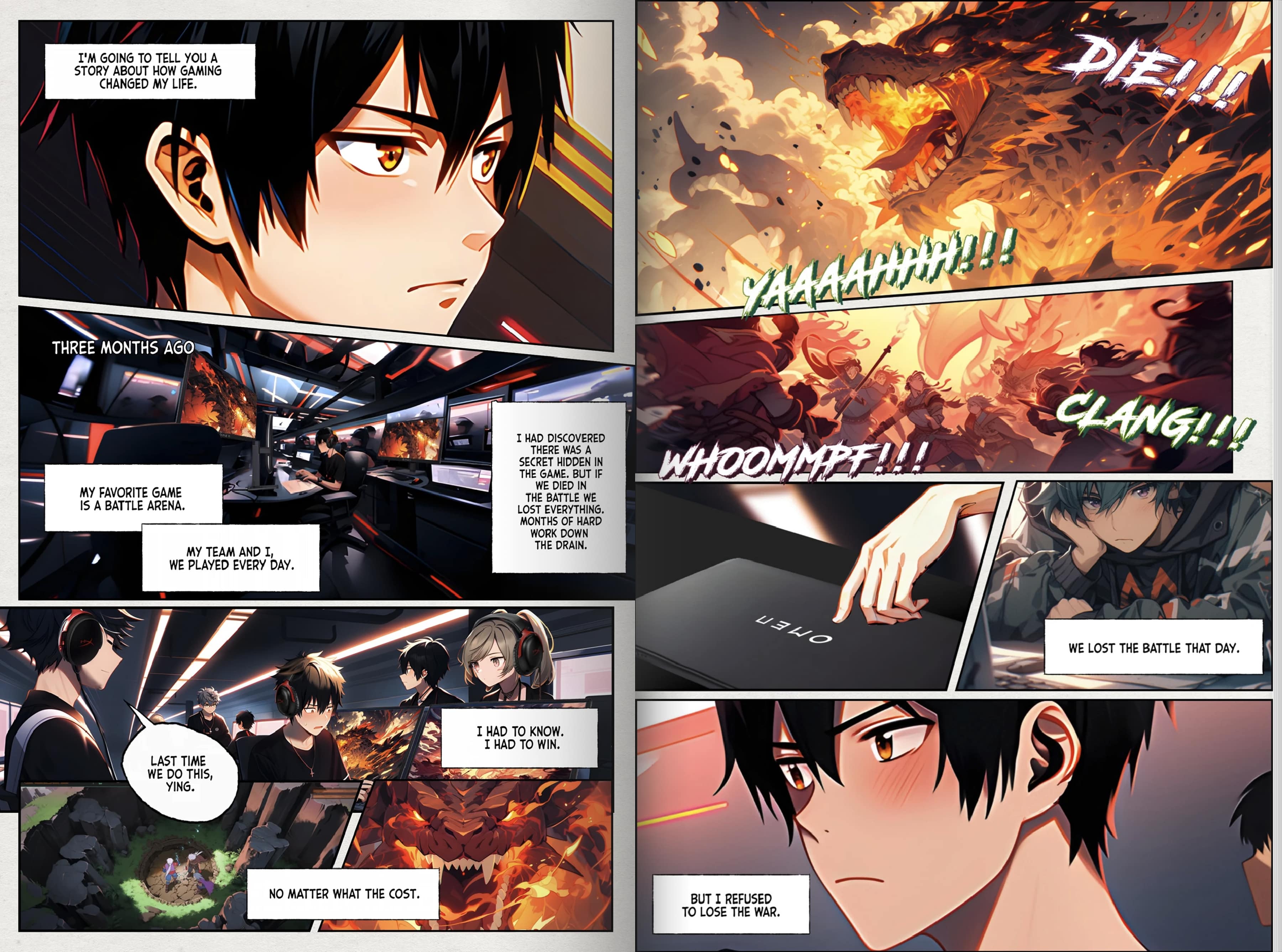 Comic book style image with young man reflects on a past gaming loss. Scenes show intense gameplay, fiery battles, and determination to win.