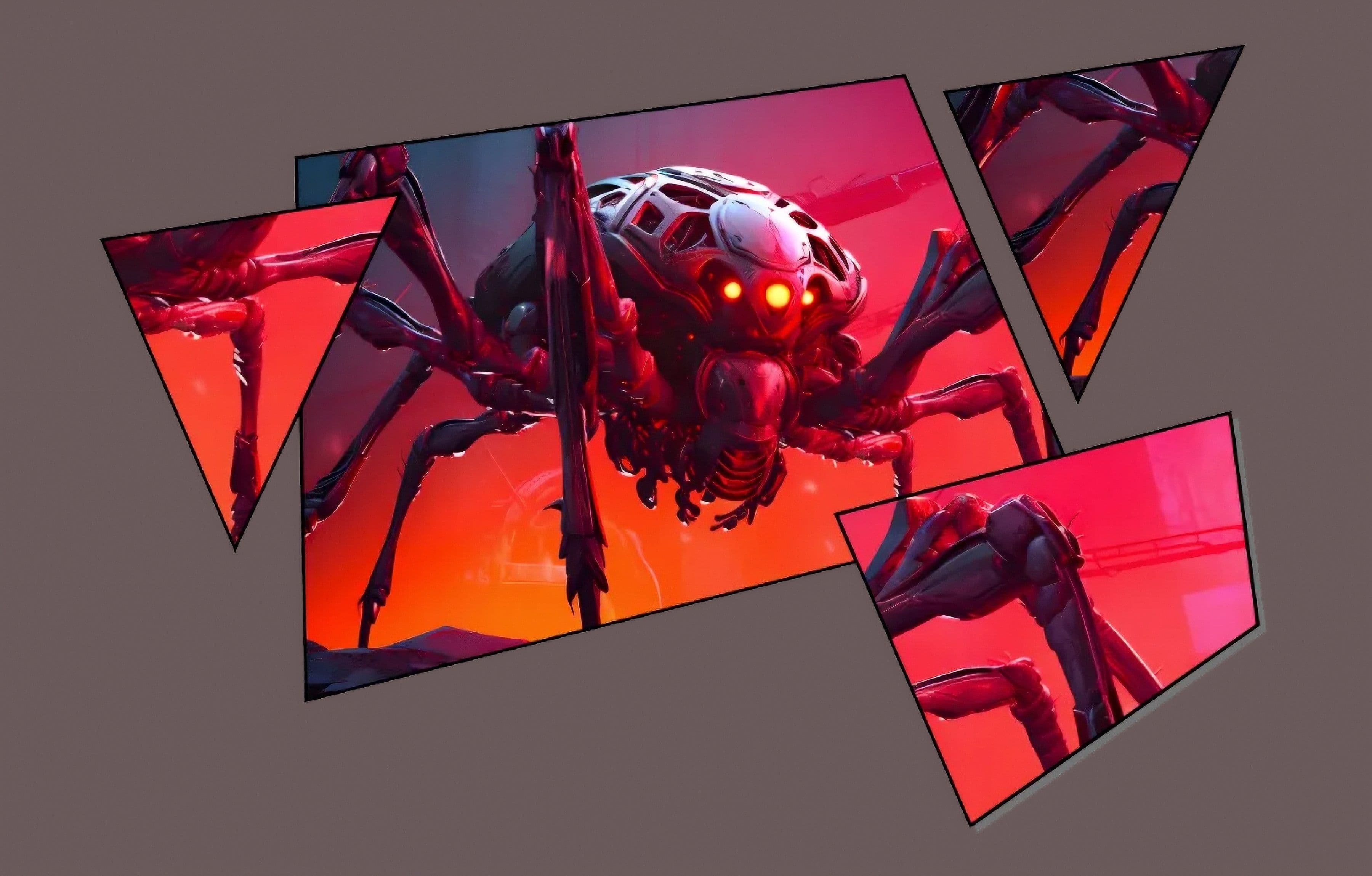 Futuristic robotic spider with glowing red eyes on a vibrant red and orange background, depicted in fragmented geometric panels.