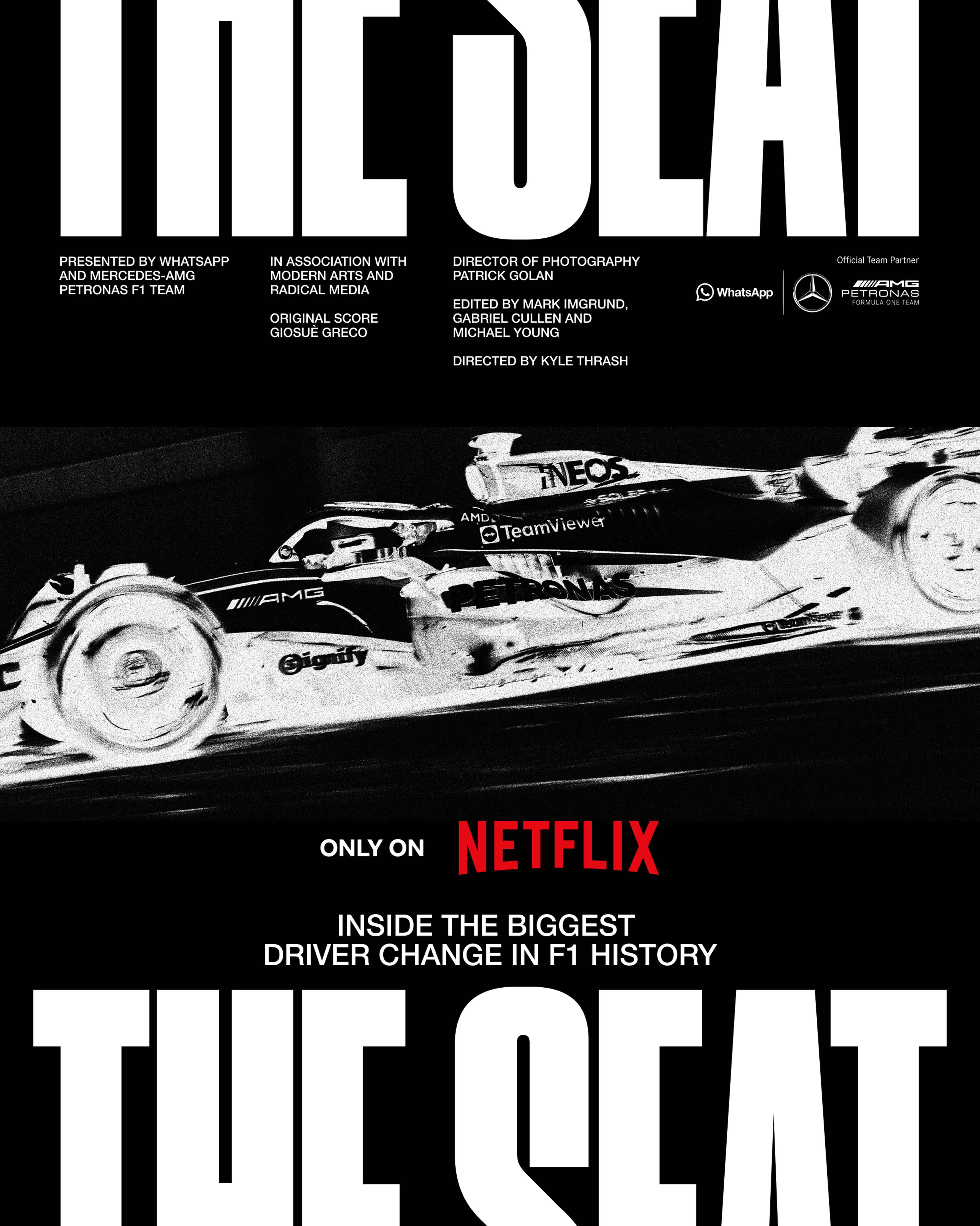 Black and white poster featuring a Formula 1 car with bold text "THE SEAT" and "ONLY ON NETFLIX" in red.