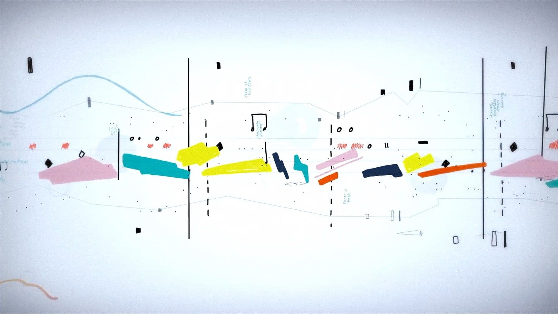 Abstract art with colorful brushstrokes in yellow, teal, pink, and orange on a white background, featuring black lines and dots.