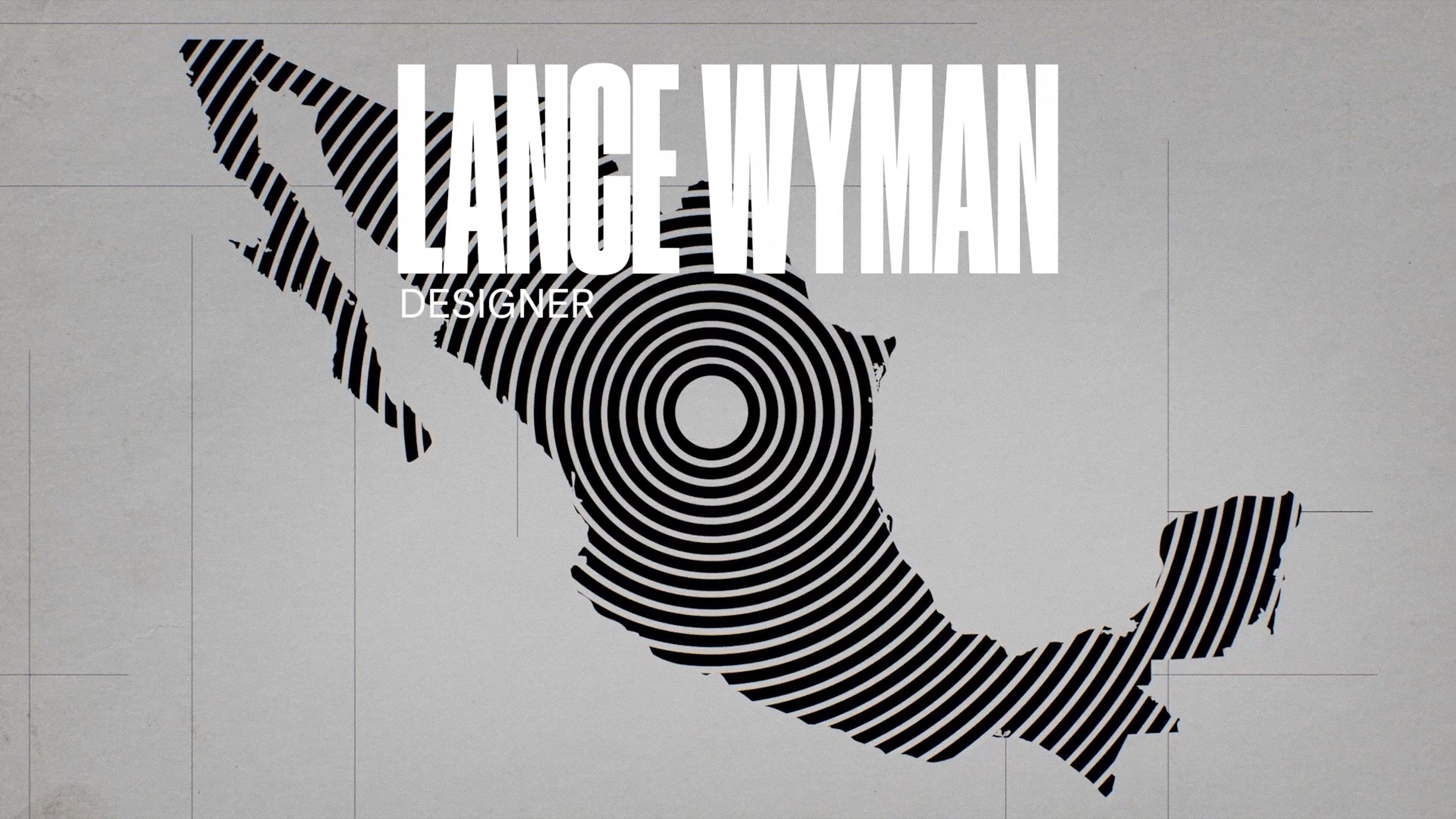 Black and white striped map of Mexico with concentric circles, overlaid with bold white text "Lance Wyman Designer" on gray background.