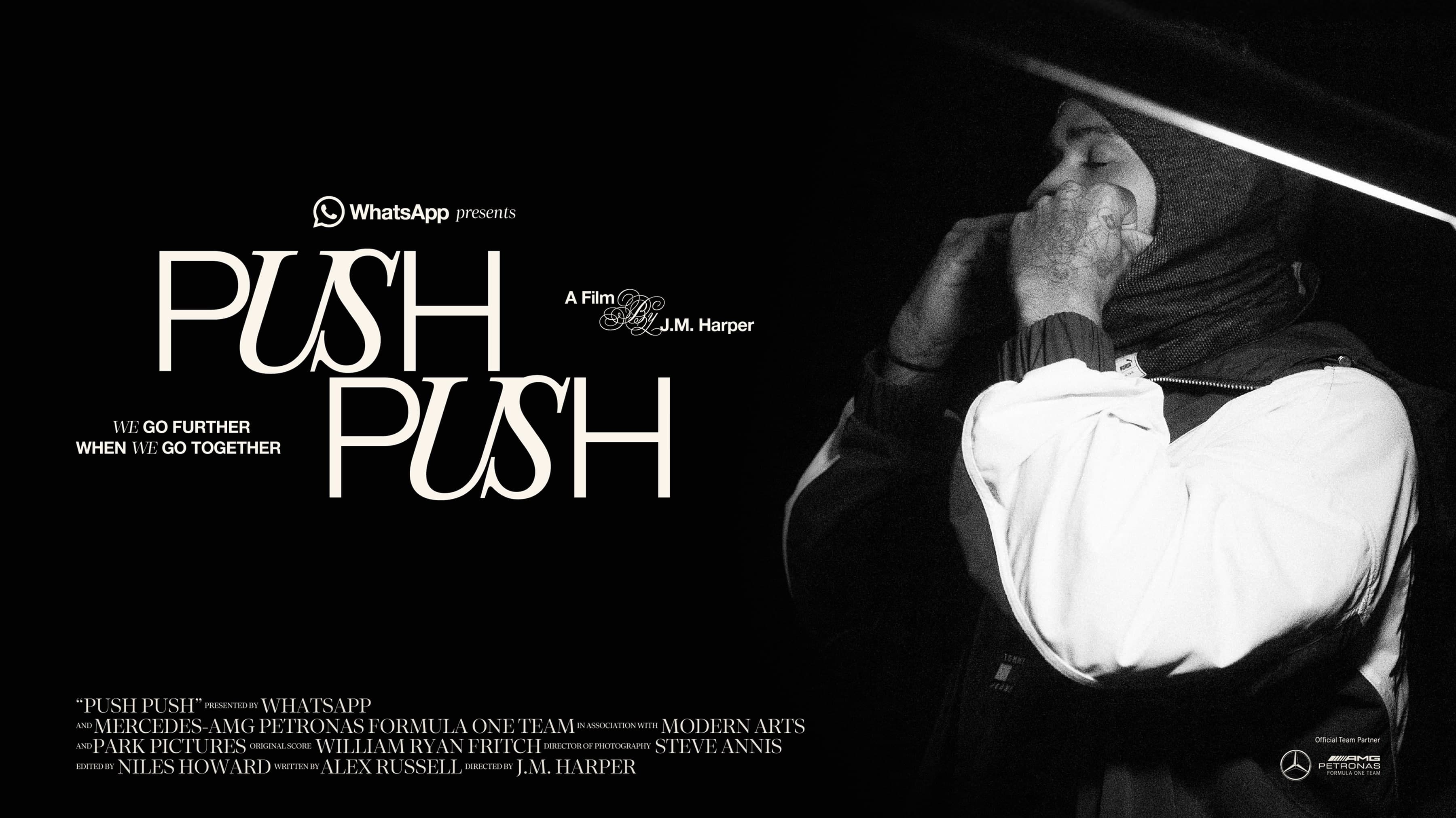 Black and white image of a person in a hoodie adjusting a mask, with bold text "PUSH PUSH" and film credits on a dark background.