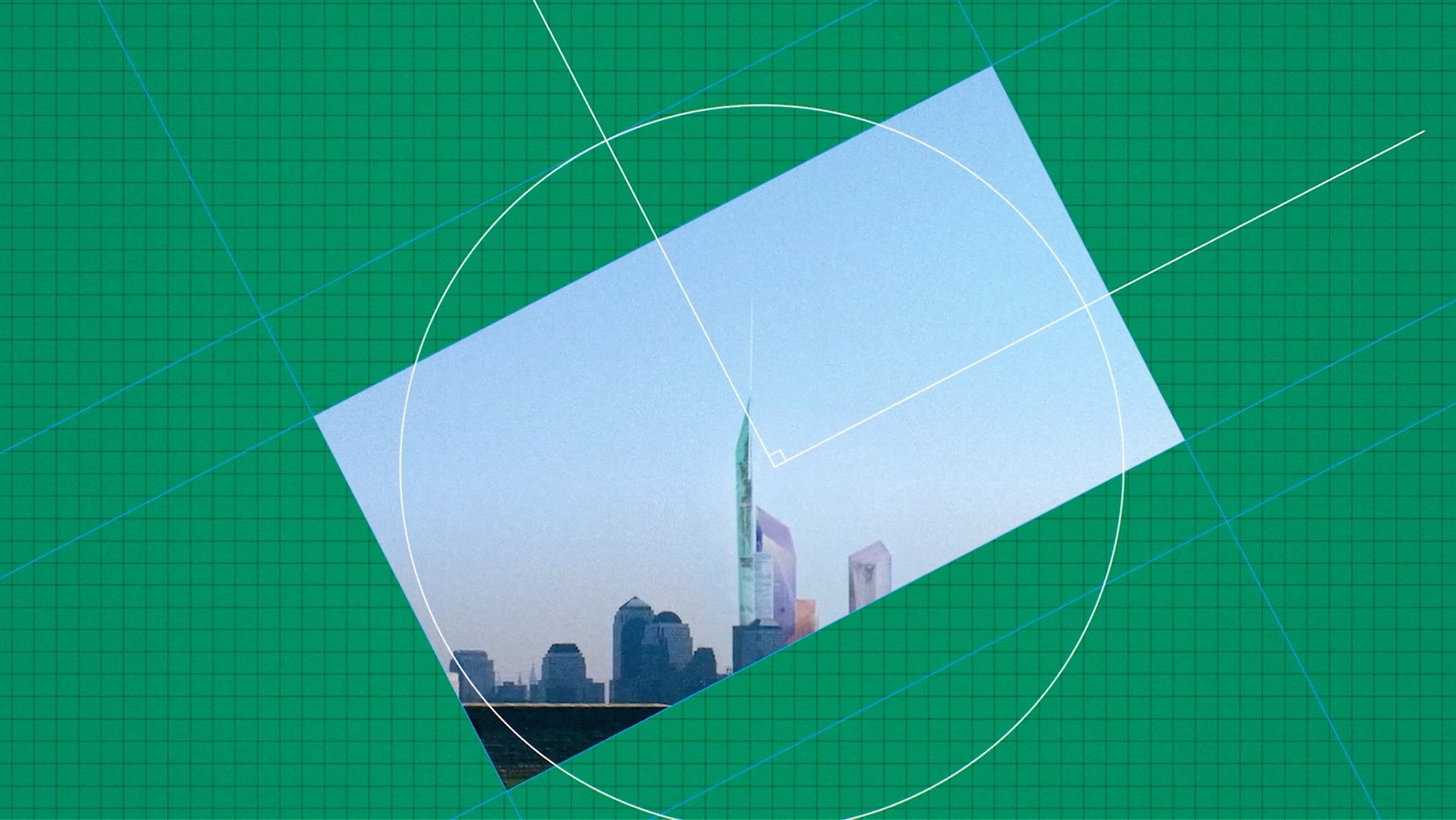 City skyline with tall buildings in a tilted rectangle, overlaid on a green grid background with geometric lines and circles.